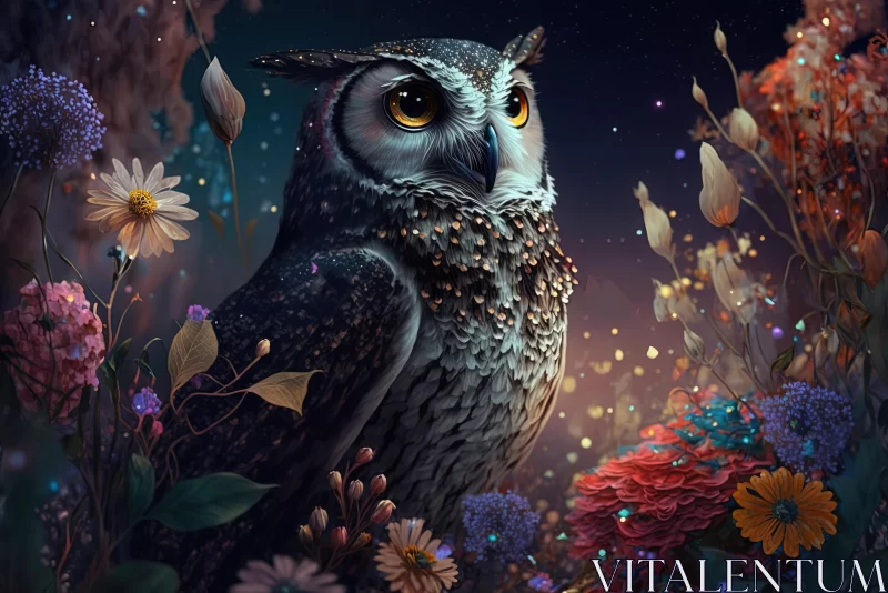 Realistic Owl in Night with Flowers | Hyper-Detailed Illustration AI Image