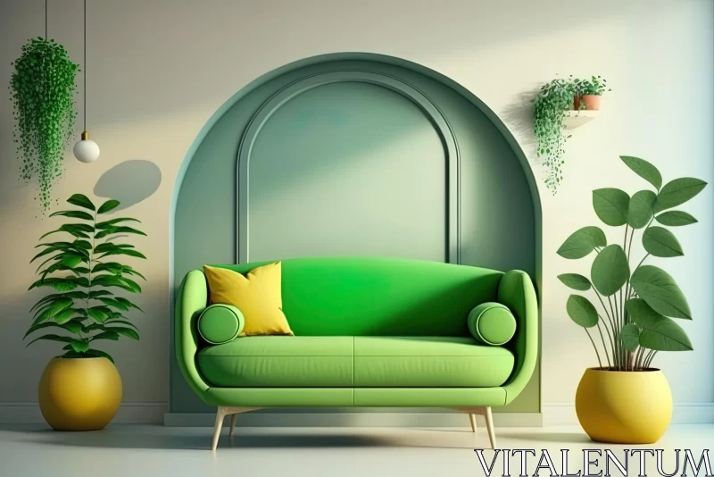 Vibrant Green Sofa with Plants: A Quirky and Elegant Interior Design AI Image