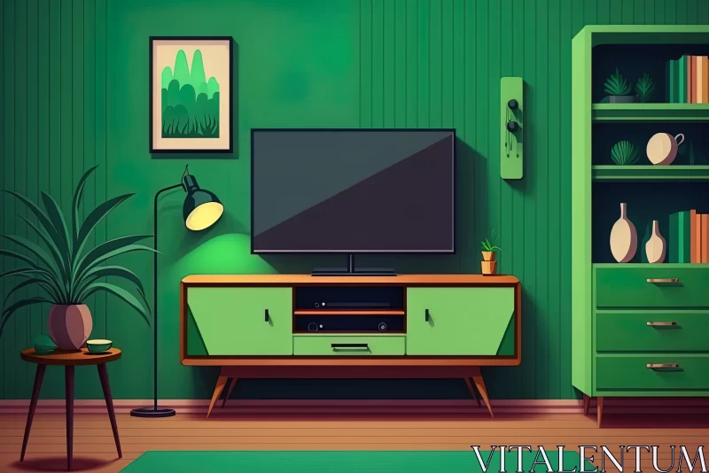 Vibrant Retro Living Room with Green Walls | Colored Cartoon Style AI Image