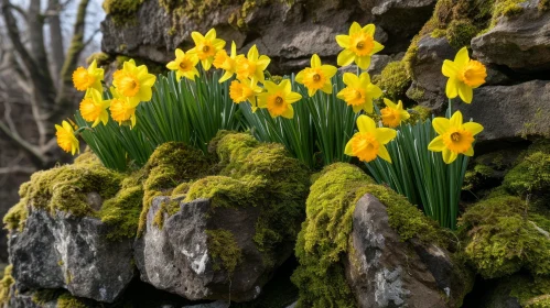 Bright Yellow Daffodils on Stone Wall - A Captivating Display of Nature