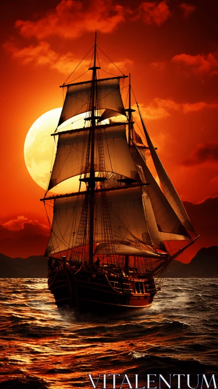 Captivating Pirate Ship Sailing on the Sea | Dark Crimson and Orange AI Image
