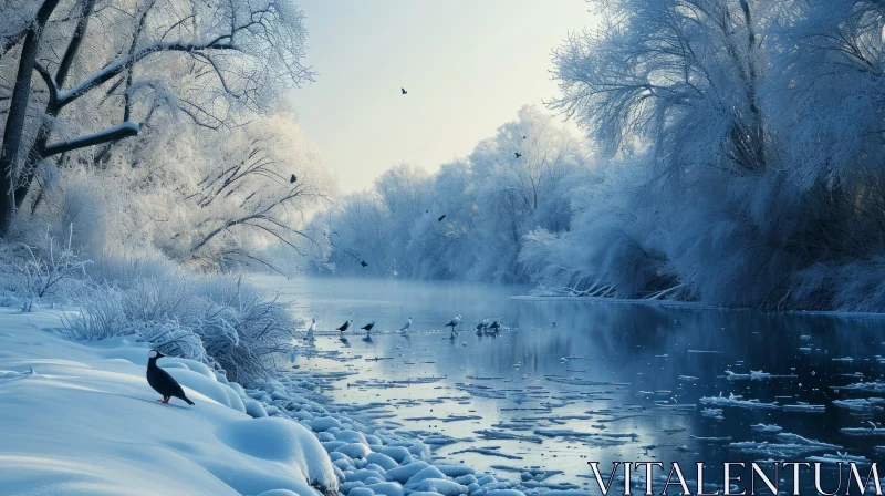 Captivating Winter Landscape: Frozen River and Snow-Covered Forest AI Image