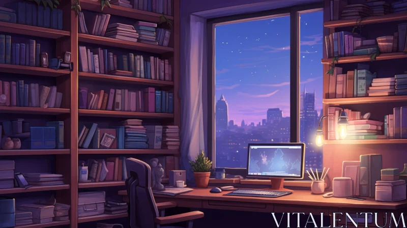 Cozy Home Office with City Skyline View at Night AI Image