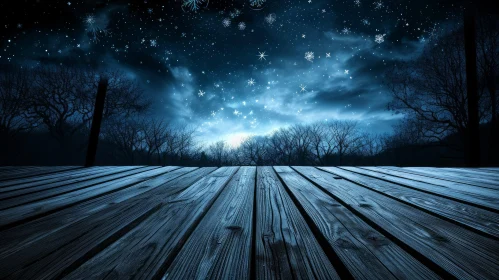 Serene Night Landscape with Wooden Platform and Snow
