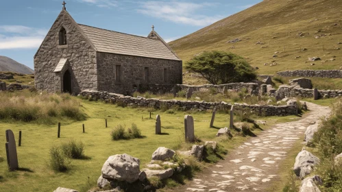 Tranquil Small Church on Path in Irish Mountain Surrounded by Stones