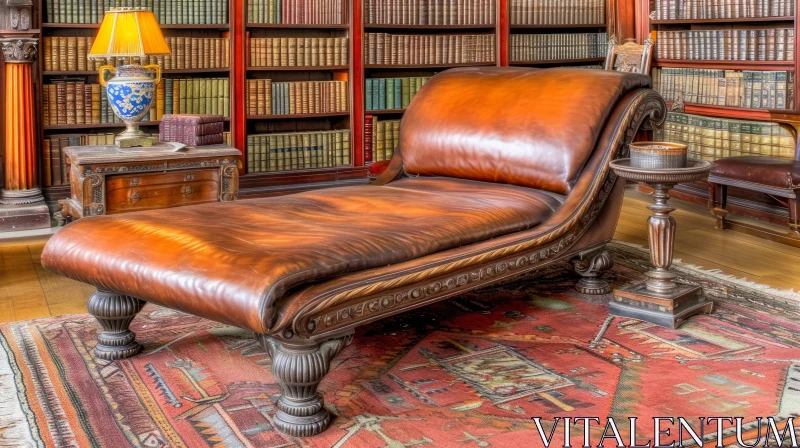 Vintage Brown Leather Chaise Longue in Library | Cozy Reading Nook AI Image