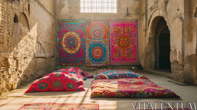 Captivating Abandoned Room with Colorful Carpets and Embroidered Pillows AI Image