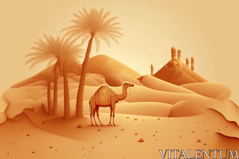 Exquisite Camel in Desert Landscape with Palm Trees and Mountains AI Image