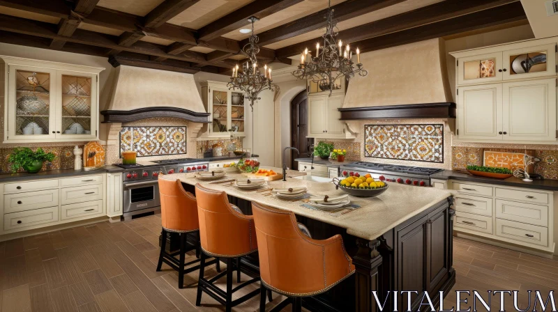 Luxurious Rustic Kitchen with Central Island and Marble Top AI Image