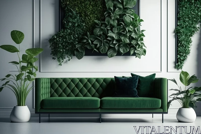 AI ART Minimalist Green Couch in a Serene Living Room with Lush Green Plants