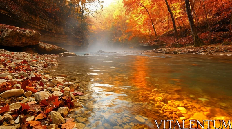 Scenic Landscape Photography: River in Autumn Forest AI Image