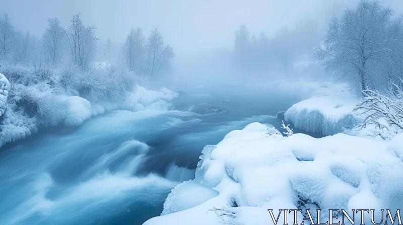 Serene Winter Landscape: River Flowing Through Snowy Forest AI Image
