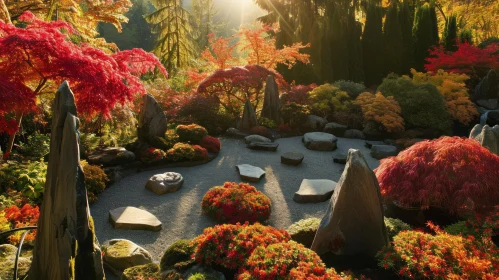 Serene Zen Garden in Fall | Vibrant Trees | Rock Garden