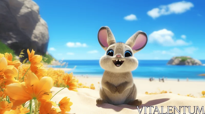 Cartoon Rabbit in Yellow Flowers on the Beach | Cinema4d Render AI Image