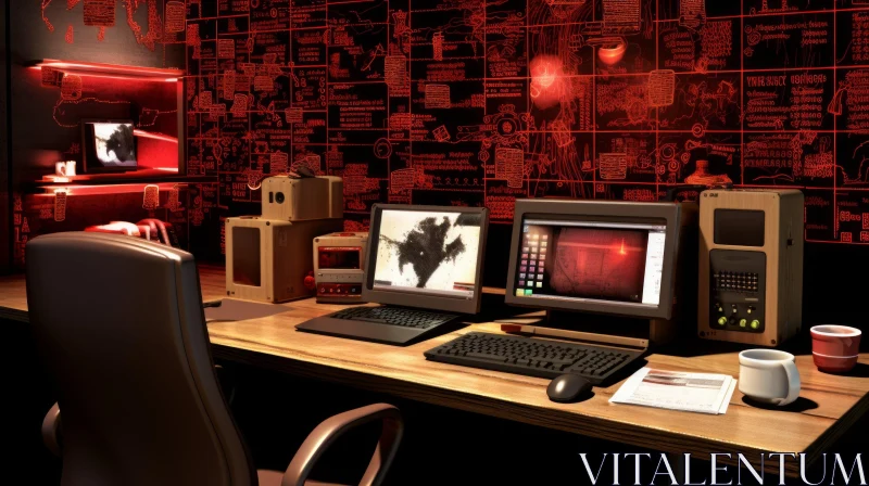 Eerie Dark Office with Mysterious Symbols and Computers AI Image