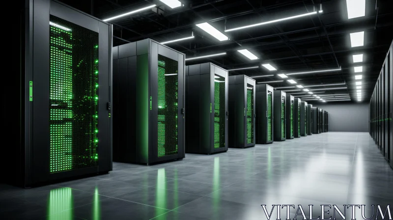 AI ART Modern Data Center with Server Racks and Green Lights