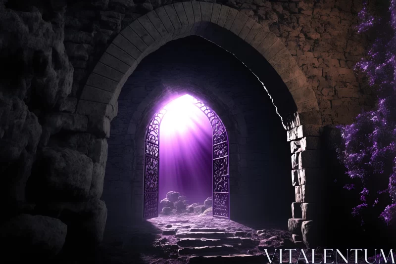 Purple Light Shining Through Ancient Castle Entrance | Mystery Art AI Image