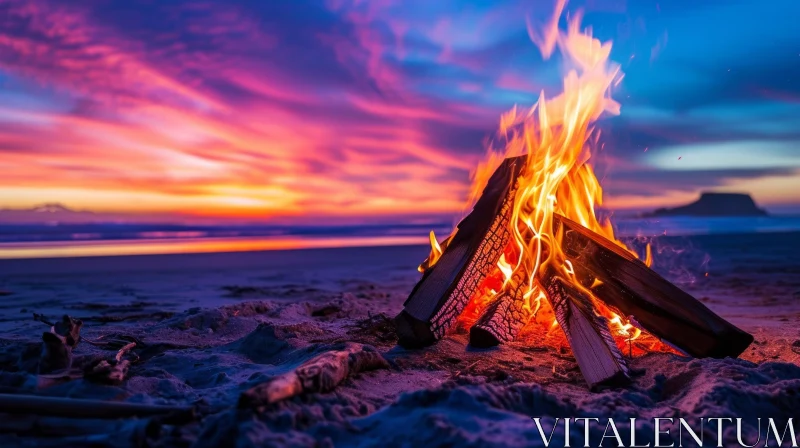 Stunning Beach Sunset with Bonfire - Tranquil Landscape AI Image
