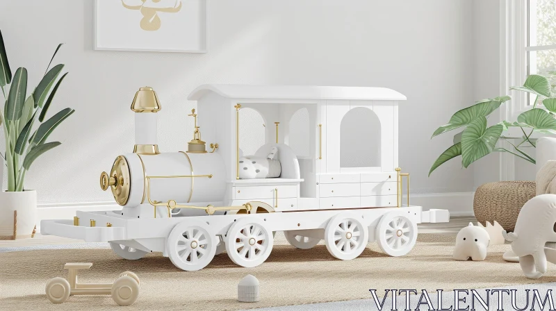 White Wooden Toy Train in a Child's Room AI Image
