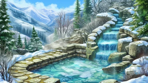 Winter Landscape with Frozen Waterfall and Natural Pool