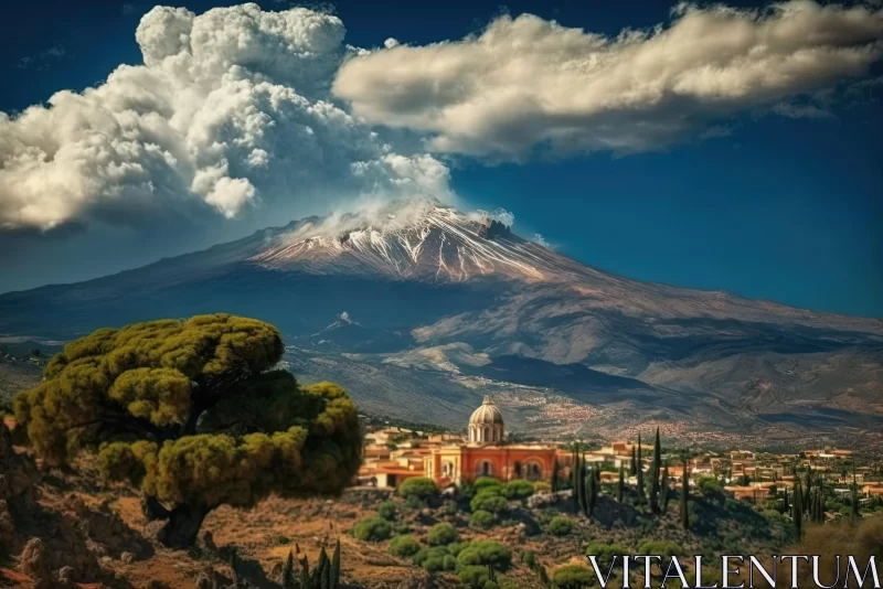 Captivating Volcano and City Landscape | Mediterranean Baroque Beauty AI Image