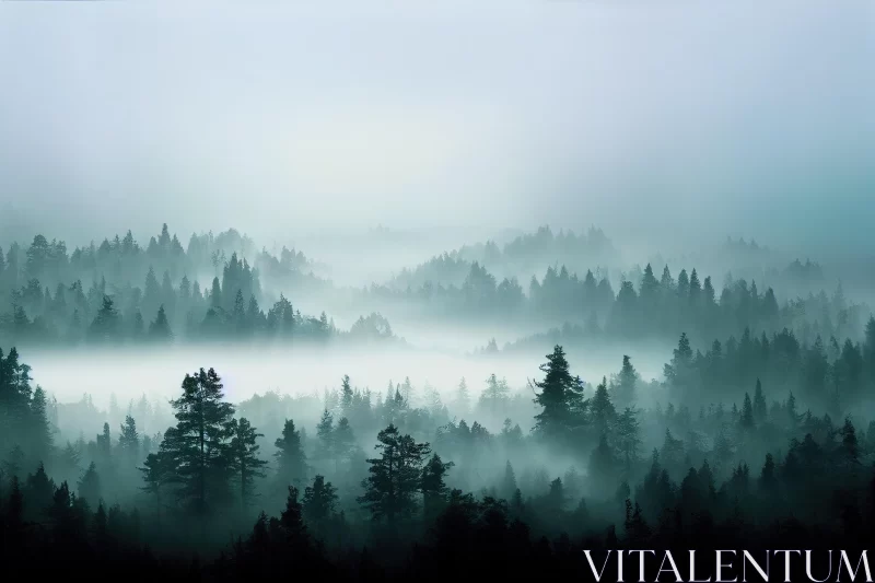 Ethereal Forest Landscape: Foggy Evening in Teal and Black AI Image