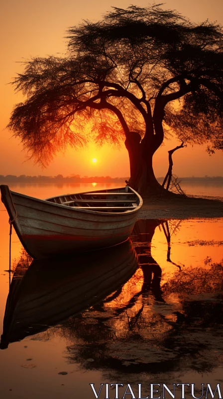 Romantic African-inspired Backlit Photography: Wooden Boat and Majestic Tree AI Image