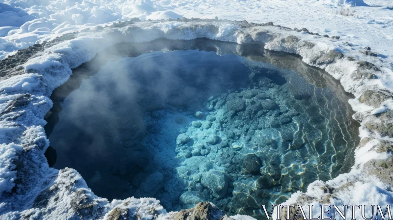 Serene Hot Spring in Iceland: Captivating Blue Water and Snow-Covered Rocks AI Image