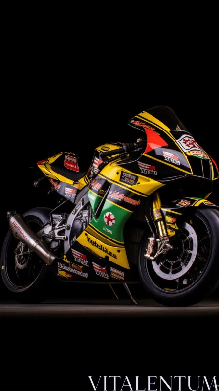 Striking Black Motorcycle on Dark Emerald and Yellow Background AI Image