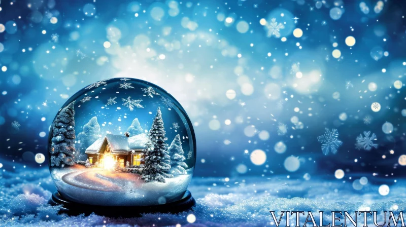 Winter Snow Globe with House and Snow-covered Trees AI Image
