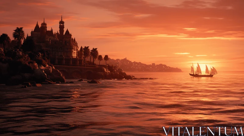 Captivating Sunset: Castle in Water - Unreal Engine Art AI Image