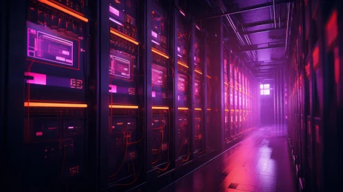 Eerie Data Center: Glowing Servers and Shadows