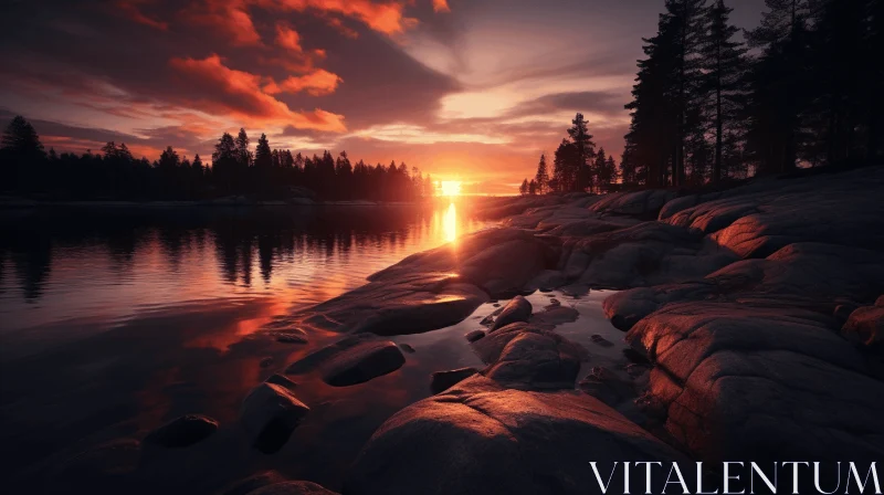 Ethereal Sunset Landscape: Tranquil Water and Weathered Stones AI Image