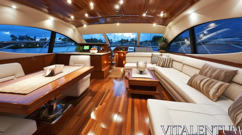 AI ART Luxurious Yacht Interior: Spacious Cabin with Seating Area, Dining Table, and Wet Bar