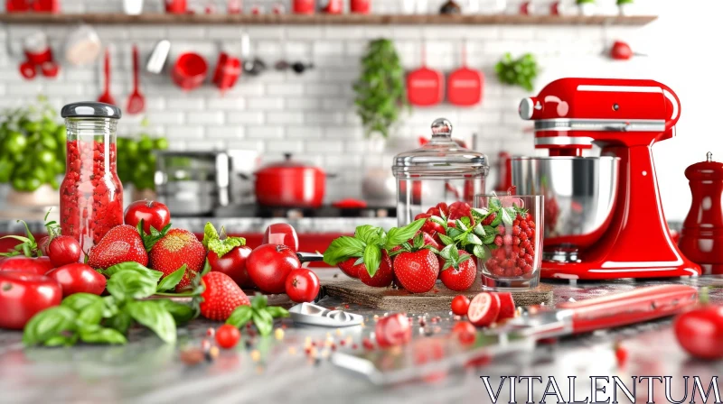 Modern Red Kitchen with Utensils and Fresh Produce AI Image