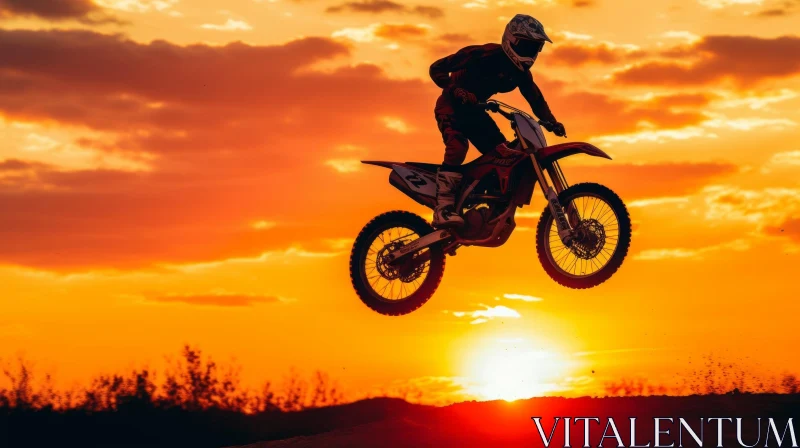 Silhouette Motocross Rider Jumping Over Hill at Sunset AI Image