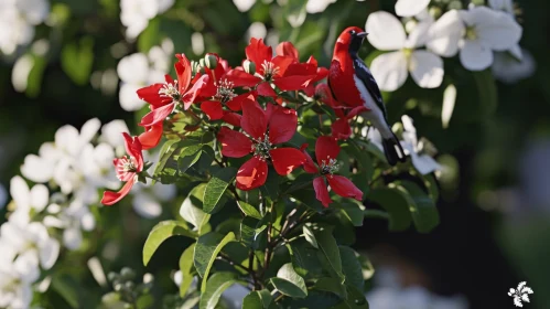Stunning Photo of a Red Bird on a Tree Branch with Blooming Flowers