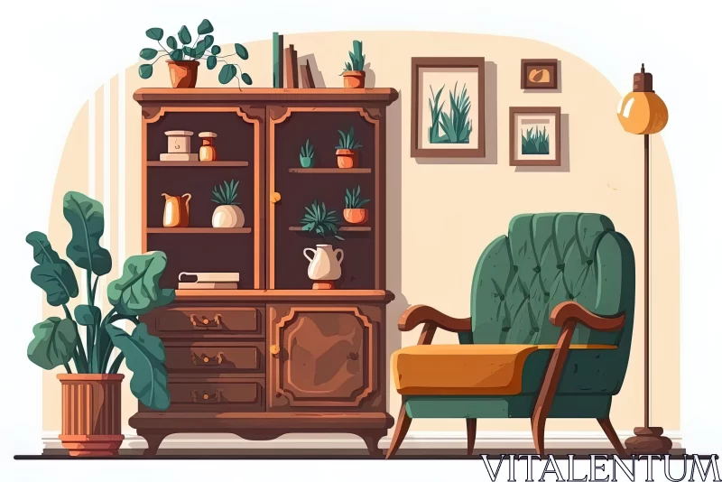 Vintage Living Room Illustration with Vase, Chair, and Plants AI Image