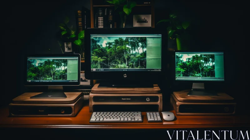 Wooden Desk with Forest Display - Serene Technology Scene AI Image