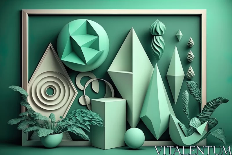 3D Geometric Sculptures in Green | Detailed Still Life Design AI Image