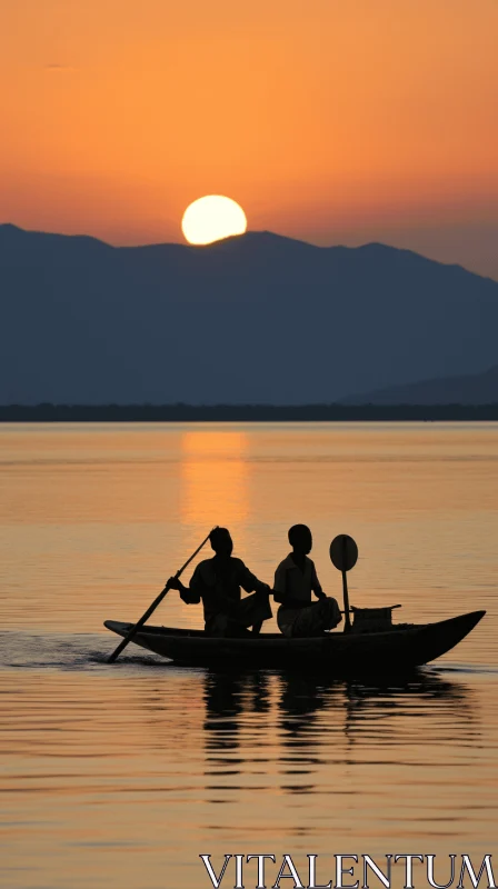 Captivating Silhouette: Two People on a Rowboat in Mesmerizing Light AI Image
