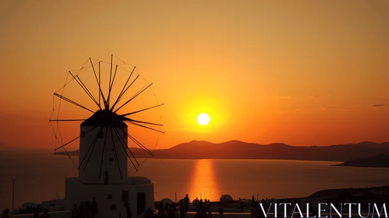 Captivating Sunset near Windmill with People by Water | Greek Art Style AI Image