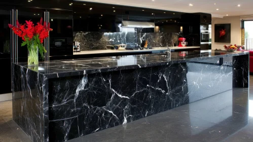 Contemporary Kitchen with Marble Island and Red Flowers