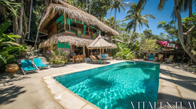 Exquisite Thatched Roof House in Tropical Paradise AI Image