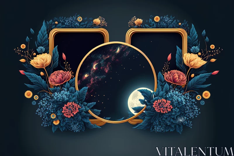 Moon and Flowers: A Dreamlike Illustration of Nostalgic Beauty AI Image