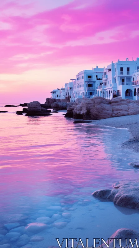 Serene Pink Sky over Tranquil Waters - Inspired by Greek Art and Architecture AI Image