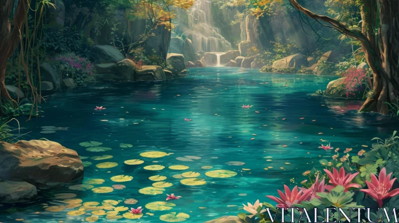 Serene Rainforest Landscape with River and Waterfall AI Image