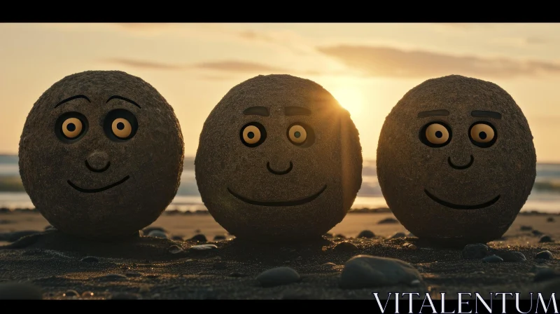 Smiling Sand Balls on the Beach at Sunset AI Image