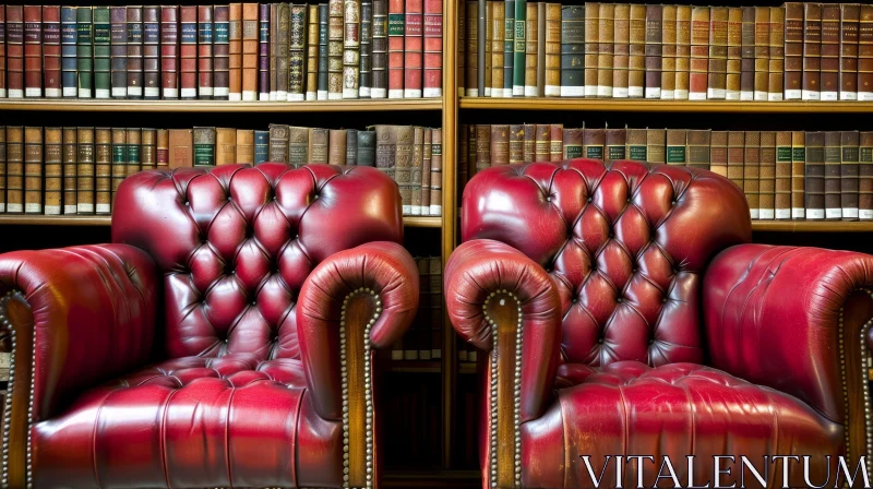 Captivating Interior Design: Red Leather Armchairs and Wooden Bookcase AI Image
