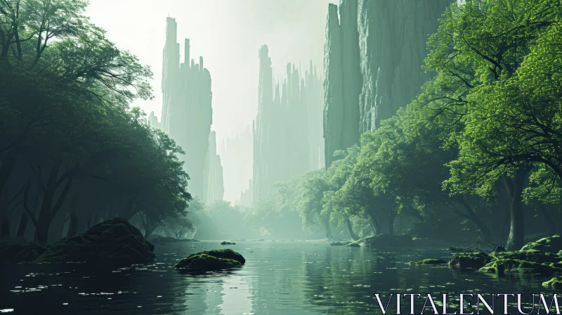 AI ART Captivating Landscape: Valley with Majestic Mountains and Serene River